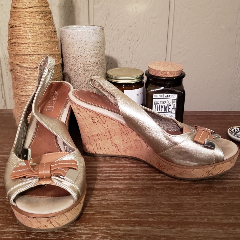 Gold and Tan Sperry Cork Wedges